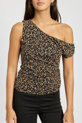 Asymmetrical Shoulder Leopard Print Top Emory Park