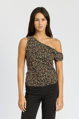 Asymmetrical Shoulder Leopard Print Top Emory Park DARK LEOPARD S