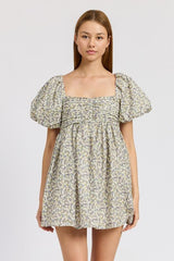 Floral Puff Sleeve Ruched Mini Dress with Square Neckline Emory Park