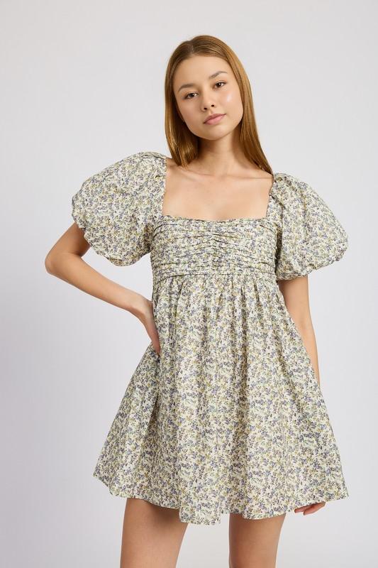 Floral Puff Sleeve Ruched Mini Dress with Square Neckline Emory Park