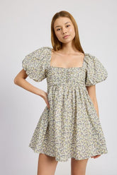 Floral Puff Sleeve Ruched Mini Dress with Square Neckline Emory Park