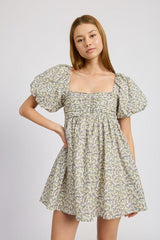 Floral Puff Sleeve Ruched Mini Dress with Square Neckline Emory Park