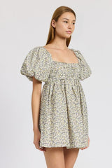 Floral Puff Sleeve Ruched Mini Dress with Square Neckline Emory Park