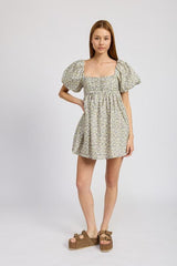 Floral Puff Sleeve Ruched Mini Dress with Square Neckline Emory Park