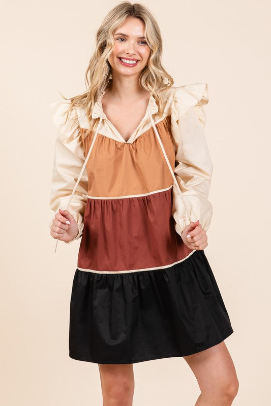 Poplin Tiered Color Block Babydoll Mini Dress GeeGee Camel/Brown/Black S