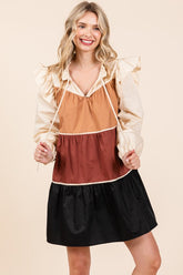 Poplin Tiered Color Block Babydoll Mini Dress GeeGee Camel/Brown/Black S
