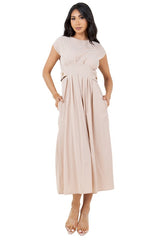 Cream Cap Sleeve Pleated Long Maxi Dress By Claude