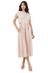 Cream Cap Sleeve Pleated Long Maxi Dress By Claude