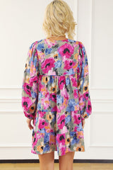 Floral Tie Neck Bubble Sleeve Tiered Shift Dress YNIQUE