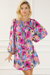 Floral Tie Neck Bubble Sleeve Tiered Shift Dress YNIQUE