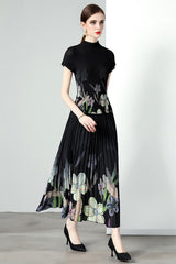 Black Floral Mock Neck Pleated 2 Piece Maxi Dress By Claude