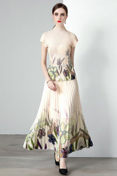 Floral Mock Neck Pleated 2 Piece Maxi Dress By Claude CREAM S