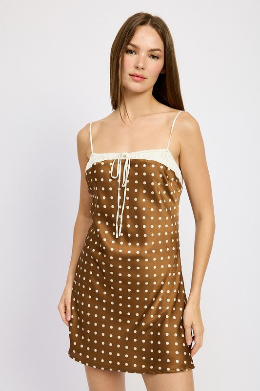 Polka Dot Mini Slip Dress with Tie Detail Emory Park MOCHA CREAM POLKA S