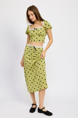 Olive Polka Dot Puff Sleeve Crop Top with Lace Trim Emory Park