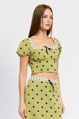 Olive Polka Dot Puff Sleeve Crop Top with Lace Trim Emory Park