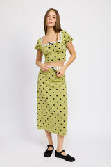 Olive Polka Dot Midi Skirt with Lace Trim Emory Park