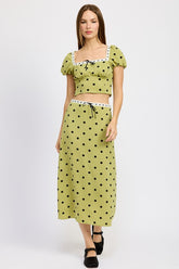 Olive Polka Dot Midi Skirt with Lace Trim Emory Park OLIVE POLKA DOT S