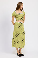 Olive Polka Dot Midi Skirt with Lace Trim Emory Park