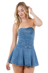 Strapless Denim Mini Dress with Flared Skirt By Claude