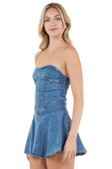 Strapless Denim Mini Dress with Flared Skirt By Claude