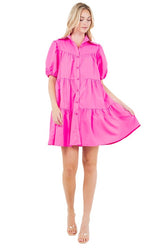 Puff Sleeve Tiered Babydoll Shirt Dress By Claude FUCHSIA S