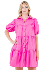 Puff Sleeve Tiered Babydoll Shirt Dress By Claude