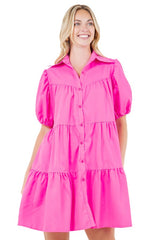 Puff Sleeve Tiered Babydoll Shirt Dress By Claude
