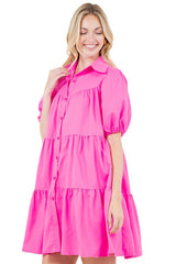 Puff Sleeve Tiered Babydoll Shirt Dress By Claude