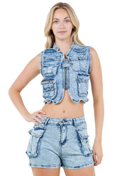 Denim Zip Crop Vest With Shorts Set By Claude