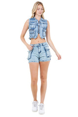 Denim Zip Crop Vest With Shorts Set By Claude BLUE L