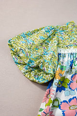 Retro Bubble Sleeve Flower Power Green Tunic Top EG fashion