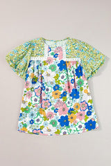 Retro Bubble Sleeve Flower Power Green Tunic Top EG fashion Green S