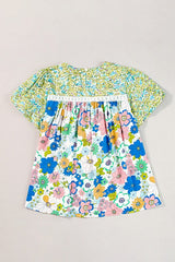 Retro Bubble Sleeve Flower Power Green Tunic Top EG fashion