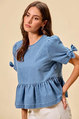 Denim Bow Detail Short Sleeves Peplum Top So Me