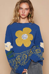 Flower Lace Patch Long Sleeve Sweater POL