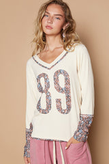 V-Neck Long Sleeve Floral Number Patch T-Shirt POL