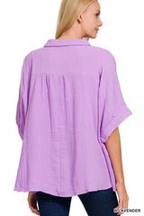 Zenana Double Gauze 3/4 Sleeve Button Up Shirt Trendsi