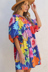 Vibrant Floral Print Split Neck Babydoll Dress YNIQUE