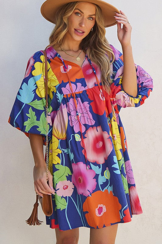 Vibrant Floral Print Split Neck Babydoll Dress YNIQUE Blue S