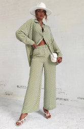 Geometric Print Button Down Shirt & Wide Leg Pants Set Miss Sparkling Green S