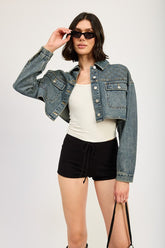 Embroidered Denim Cropped Jacket Emory Park WASHED DENIM S