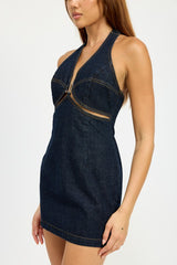 Halter Neck Mini Denim Dress with Cut Out Emory Park