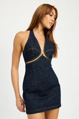 Halter Neck Mini Denim Dress with Cut Out Emory Park