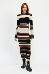 Striped Long Bell Sleeve Maxi Bodycon Dress Emory Park BROWN MULTI S