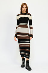 Striped Long Bell Sleeve Maxi Bodycon Dress Emory Park BROWN MULTI S