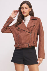 Belted Long Sleeve Zippered Suede Moto Jacket Jade By Jane CHOCOLATE S