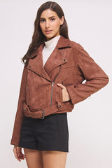 Belted Long Sleeve Zippered Suede Moto Jacket Jade By Jane