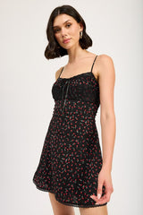 Lace-Trim Mini Slip Floral Dress Emory Park BLACK RED FLORAL S