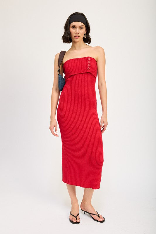 Fold Over Ribbed Tube Dress with Back Slit Emory Park RED S