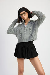 Cable Knit Cropped Sweater with Half Zip Collar Emory Park H GREY S